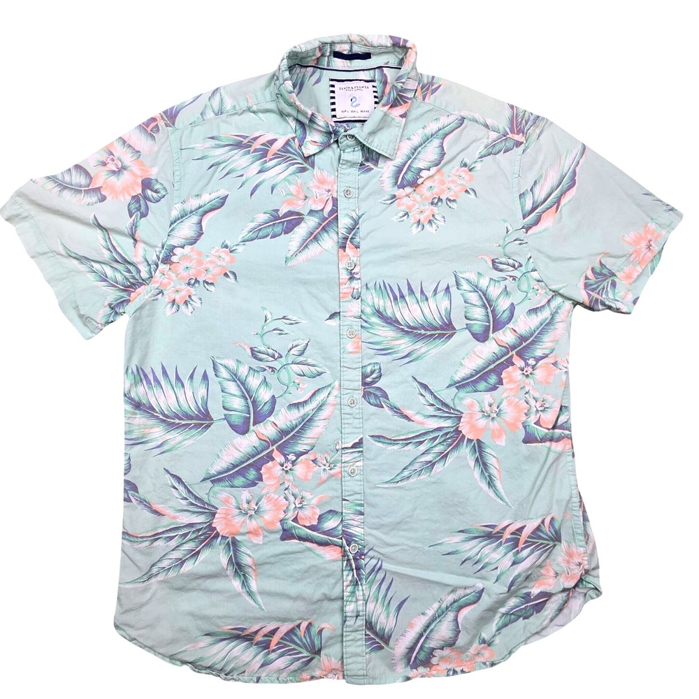 Denim & Flower Ricky Singh Mens Large Tropical Floral Palm Short Sleeve Shirt